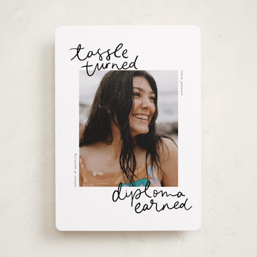 This is a noir graduation announcements with standard by Abbigail Lim called tassel turned, diploma earned printing on recycled smooth signature in standard