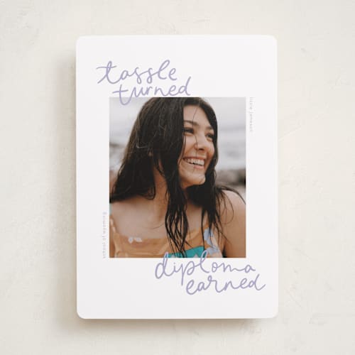 This is a lavender graduation announcements with standard by Abbigail Lim called tassel turned, diploma earned printing on recycled smooth signature in standard