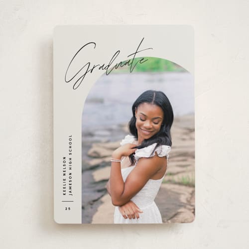 This is a vanilla graduation announcements with standard by Pixel and Hank called arc over printing on recycled smooth signature in standard