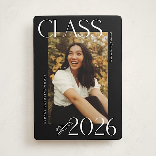 This is a licorice graduation announcements with standard by Jessica Williams called scholarly surround printing on recycled smooth signature in standard