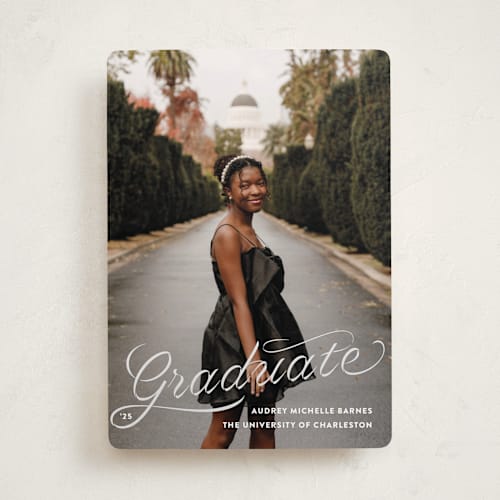 This is a ink graduation announcements with standard by Megan Davis called ribbons and cords printing on recycled smooth signature in standard
