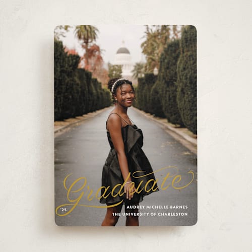 This is a citrine graduation announcements with standard by Megan Davis called ribbons and cords printing on recycled smooth signature in standard