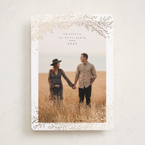 This is a pearl thanksgiving cards invitations with foil pressed by Anastasia Makarova called autumn branches printing on recycled smooth signature in standard