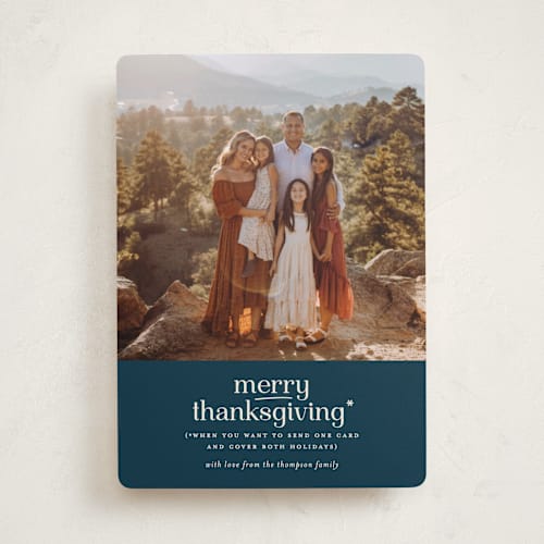 This is a blue denim thanksgiving cards invitations with standard by Louise Kay called merry thanksgiving printing on recycled smooth signature in standard