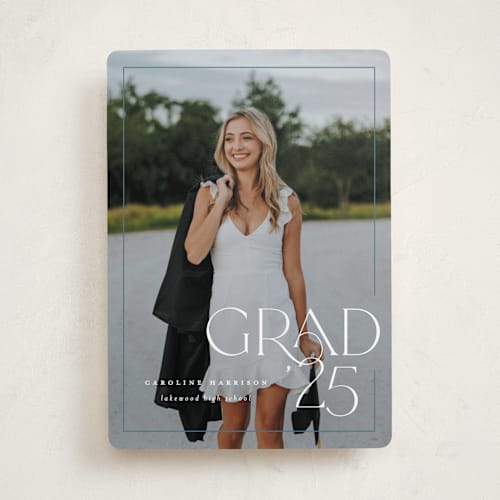 This is a denim graduation announcements with standard by Lauren Chism called broken border printing on recycled smooth signature in standard