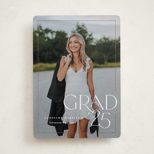 This is a copper graduation announcements with standard by Lauren Chism called broken border printing on recycled smooth signature in standard