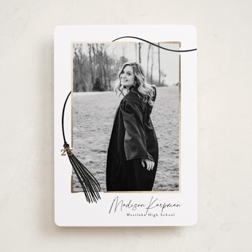 This is a onyx graduation announcements with foil pressed by Kamala Nahas called tassel wrapped printing on recycled smooth signature in standard