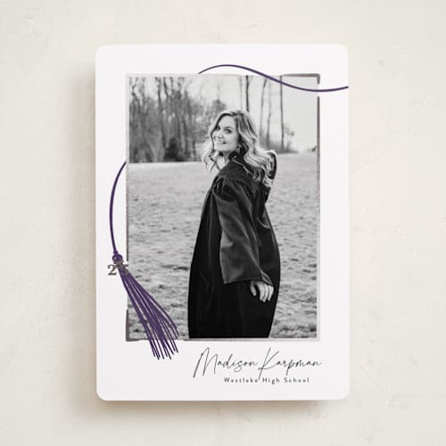 This is a plum graduation announcements with foil pressed by Kamala Nahas called tassel wrapped printing on recycled smooth signature in standard