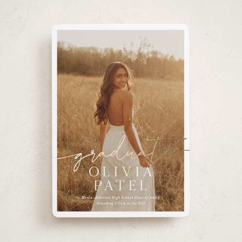 This is a snow graduation announcements with foil pressed by Sarah Curry called graduate script printing on recycled smooth signature in standard