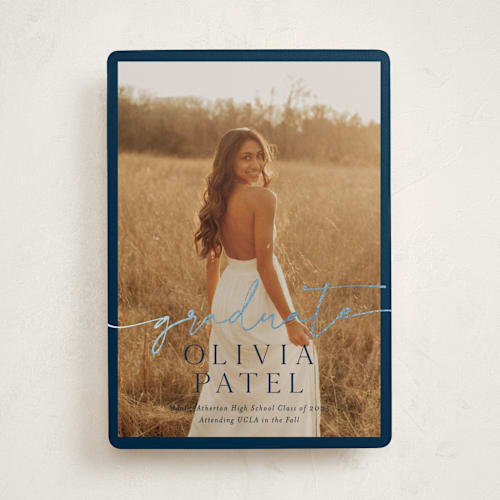 This is a navy graduation announcements with foil pressed by Sarah Curry called graduate script printing on recycled smooth signature in standard