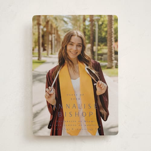 This is a plum graduation announcements with standard by Ani Somi called straight up printing on recycled smooth signature in standard