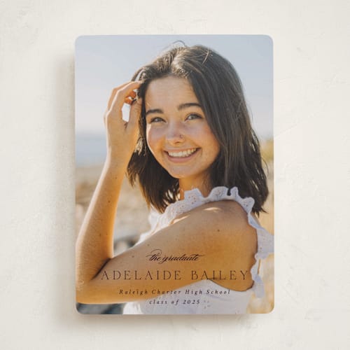 This is a raisin graduation announcements with standard by Emily Sabol Goss called graceful printing on recycled smooth signature in standard