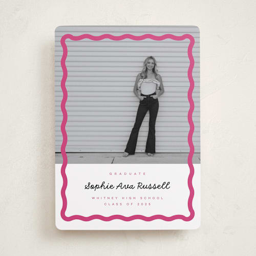This is a bubblegum graduation announcements with standard by Emily Sabol Goss called wavy border printing on recycled smooth signature in standard
