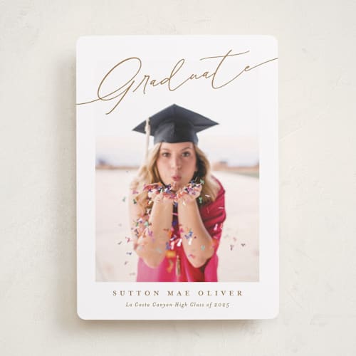 This is a golden graduation announcements with standard by Carolyn MacLaren called celebratory printing on recycled smooth signature in standard