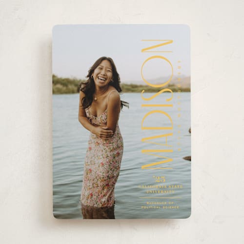 This is a marigold graduation announcements with standard by Owl and Toad called pillar printing on recycled smooth signature in standard