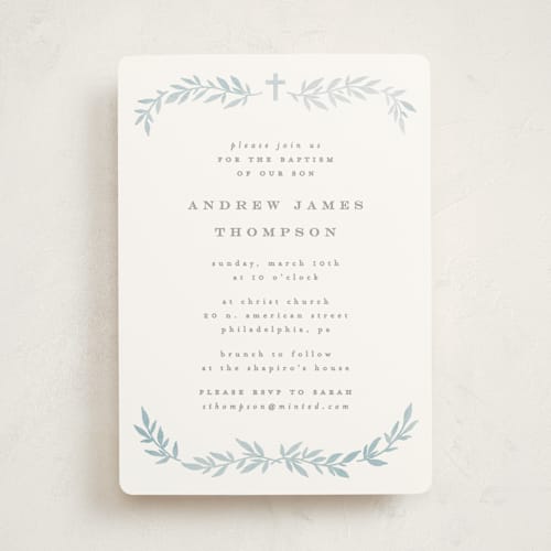 This is a mist baptism and christening announcements with standard by Everett Paper Goods called simple foliage printing on signature in standard