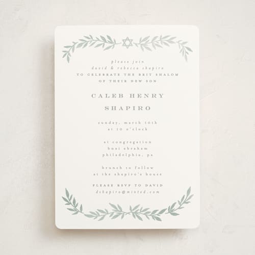 This is a mint bris baby naming invitations by Everett Paper Goods called simple foliage printing on signature in standard