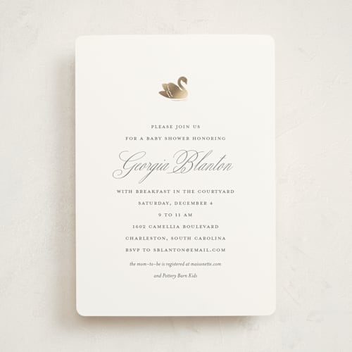 This is a charcoal foil stamped baby shower invitations with foil pressed by Megan Davis called swan shower printing on signature in standard