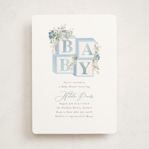 This is a baby blue foil stamped baby shower invitations with foil pressed by Itsy Belle Studio called botanical blocks printing on signature in standard