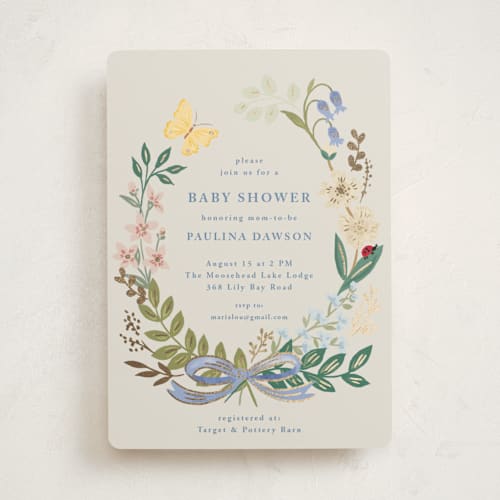 This is a sky foil stamped baby shower invitations with foil pressed by Petra Kern called baby flora printing on signature in standard