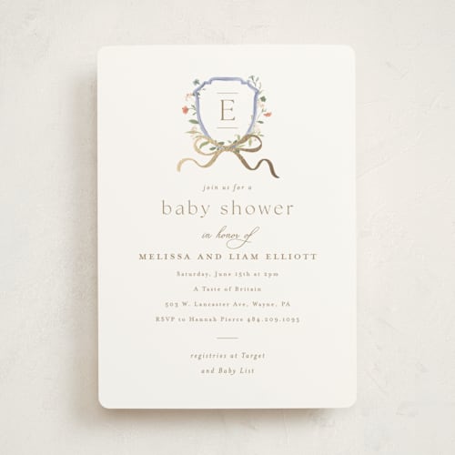 This is a icing foil stamped baby shower invitations with foil pressed by Everett Paper Goods called floral crested printing on signature in standard