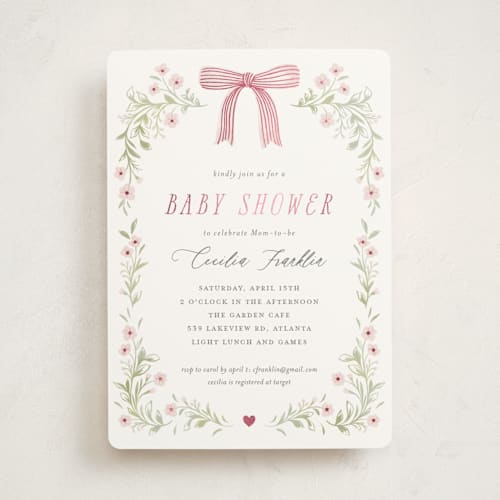 This is a blush foil stamped baby shower invitations with foil pressed by Paper Raven Co. called dainty garden printing on signature in standard