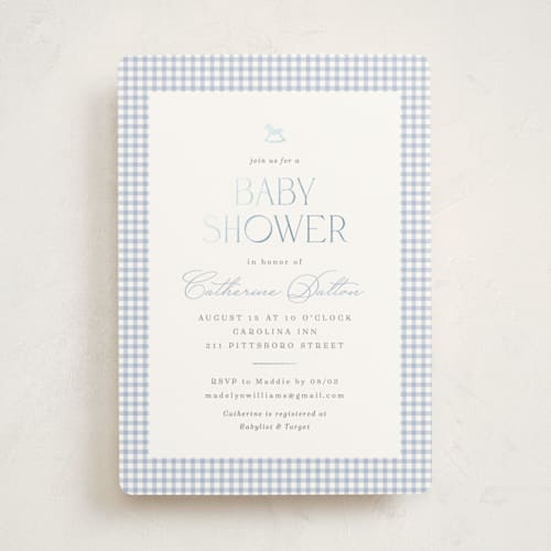 This is a baby blue foil stamped baby shower invitations with foil pressed by Olivia Raufman called gingham rockinghorse printing on signature in standard
