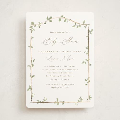 This is a ivy foil stamped baby shower invitations with foil pressed by Everett Paper Goods called canopy printing on signature in standard