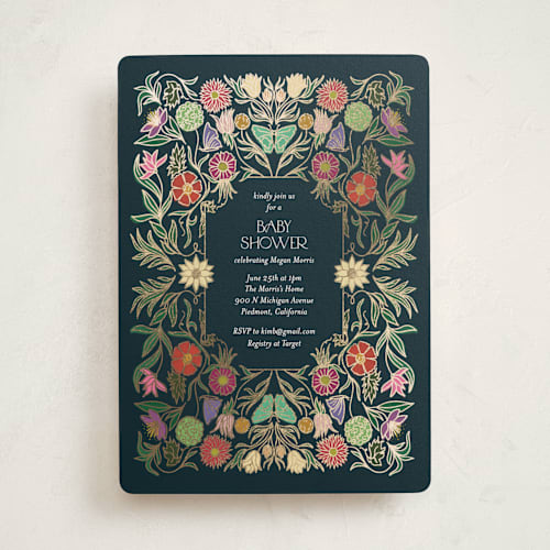 This is a midnight garden foil stamped baby shower invitations with foil pressed by Simona Camp called gilded tapestry printing on signature in standard