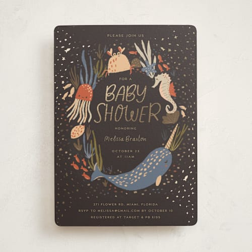 This is a midnight berry foil stamped baby shower invitations with foil pressed by Vera Lim called under the sea printing on signature in standard