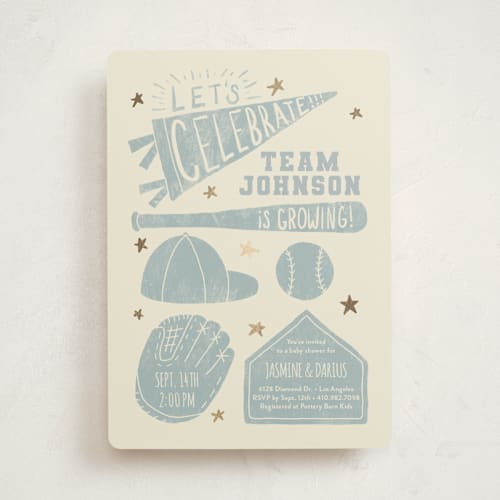 This is a sky foil stamped baby shower invitations with foil pressed by Rebekah Canavan called baseball baby shower printing on signature in standard