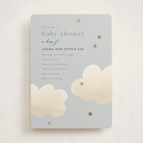 This is a sky foil stamped baby shower invitations with foil pressed by Joyce Pinheiro called twinkle twinkle printing on signature in standard