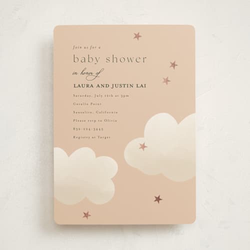 This is a apricot foil stamped baby shower invitations with foil pressed by Joyce Pinheiro called twinkle twinkle printing on signature in standard