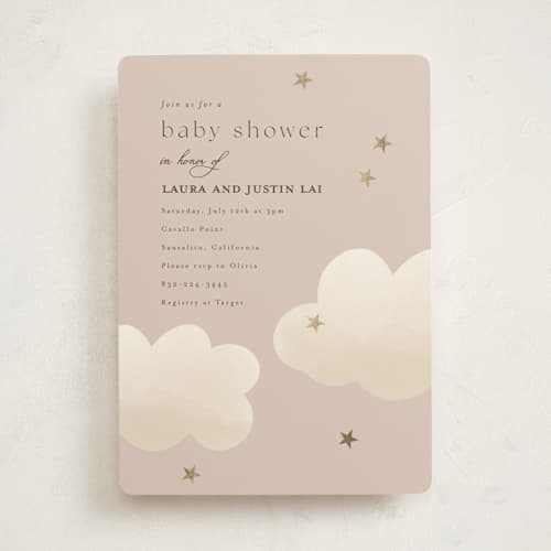 This is a rosebud foil stamped baby shower invitations with foil pressed by Joyce Pinheiro called twinkle twinkle printing on signature in standard