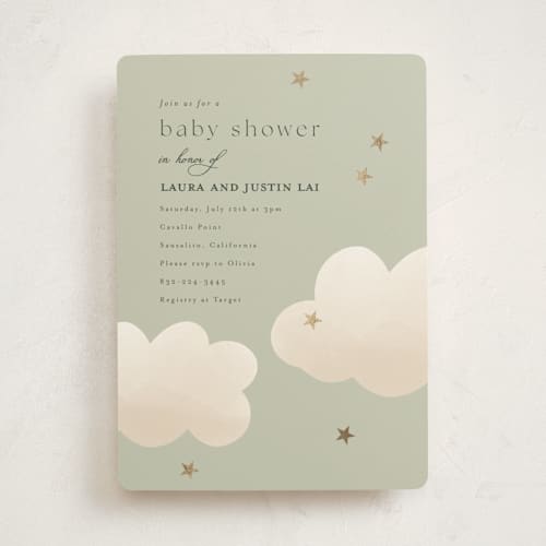 This is a olive foil stamped baby shower invitations with foil pressed by Joyce Pinheiro called twinkle twinkle printing on signature in standard