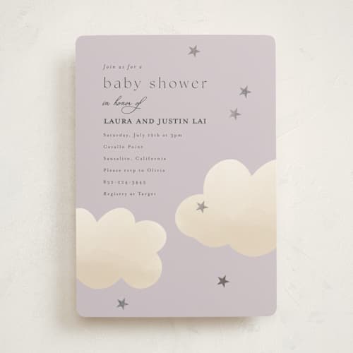 This is a amethyst foil stamped baby shower invitations with foil pressed by Joyce Pinheiro called twinkle twinkle printing on signature in standard