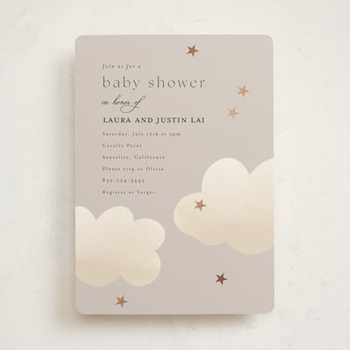 This is a champagne foil stamped baby shower invitations with foil pressed by Joyce Pinheiro called twinkle twinkle printing on signature in standard