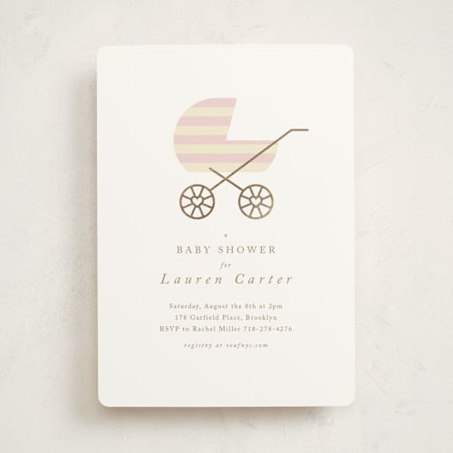 This is a lemonade foil stamped baby shower invitations with foil pressed by mo kelley called striped baby buggy printing on signature in standard