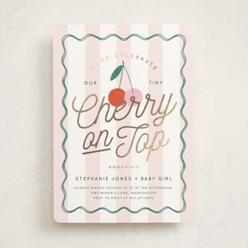 This is a petal foil stamped baby shower invitations with foil pressed by Kiersten Garner called tiny cherry on top printing on signature in standard