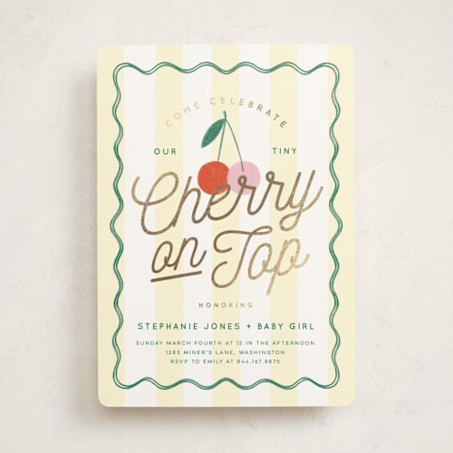 This is a sunflower foil stamped baby shower invitations with foil pressed by Kiersten Garner called tiny cherry on top printing on signature in standard