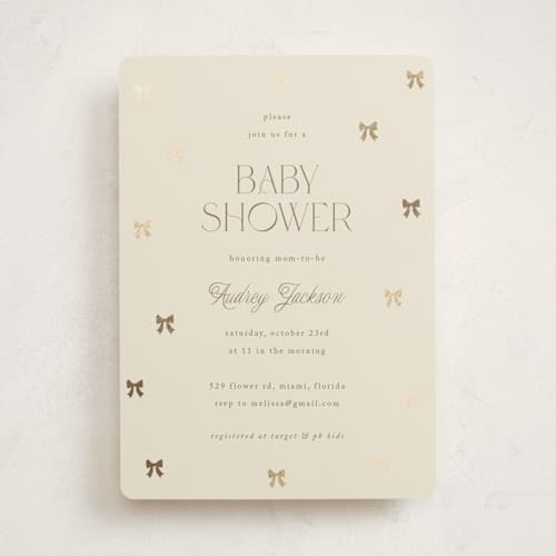 This is a vanilla foil stamped baby shower invitations with foil pressed by Vera Lim called mini bows printing on signature in standard