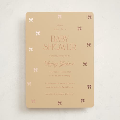 This is a custard foil stamped baby shower invitations with foil pressed by Vera Lim called mini bows printing on signature in standard