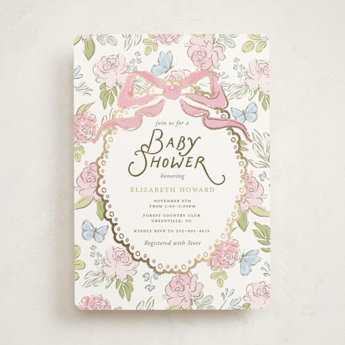 This is a peony foil stamped baby shower invitations with foil pressed by Holton Art and Design called floral & lace baby shower printing on signature in standard