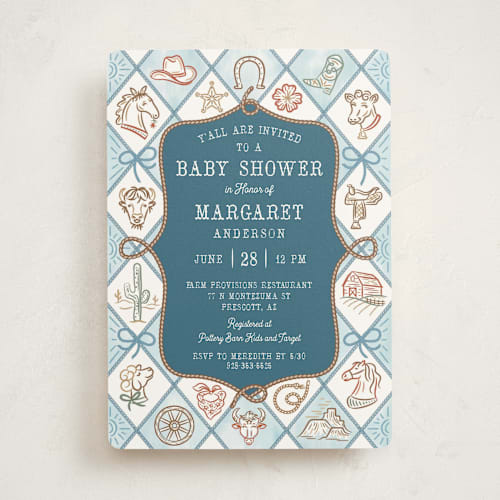 This is a denim baby shower invitations with standard by Paper Sun Studio called cowboy baby printing on signature in standard