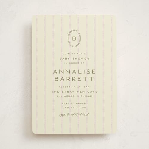 This is a blush baby shower invitations with standard by Ellen Schlegelmilch called stitched lines printing on signature in standard