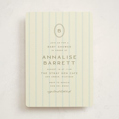 This is a baby blue baby shower invitations with standard by Ellen Schlegelmilch called stitched lines printing on signature in standard