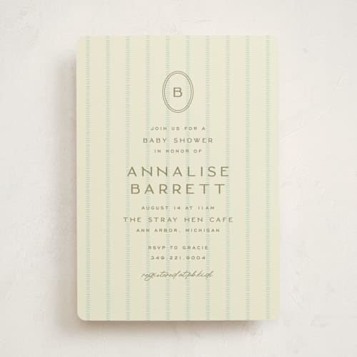 This is a seafoam baby shower invitations with standard by Ellen Schlegelmilch called stitched lines printing on signature in standard