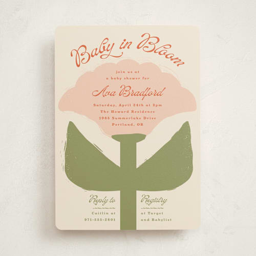 This is a peony baby shower invitations with standard by Lisa McLean called tulip printing on signature in standard