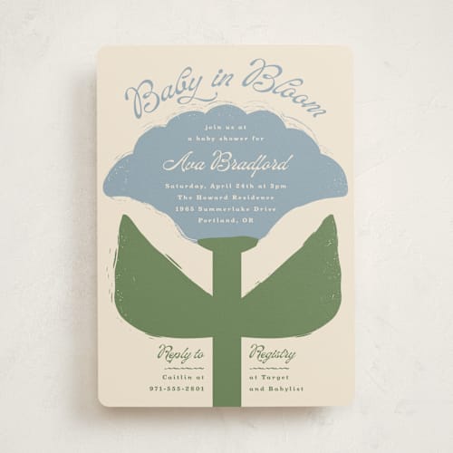 This is a cornflower baby shower invitations with standard by Lisa McLean called tulip printing on signature in standard