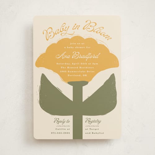This is a marigold baby shower invitations with standard by Lisa McLean called tulip printing on signature in standard